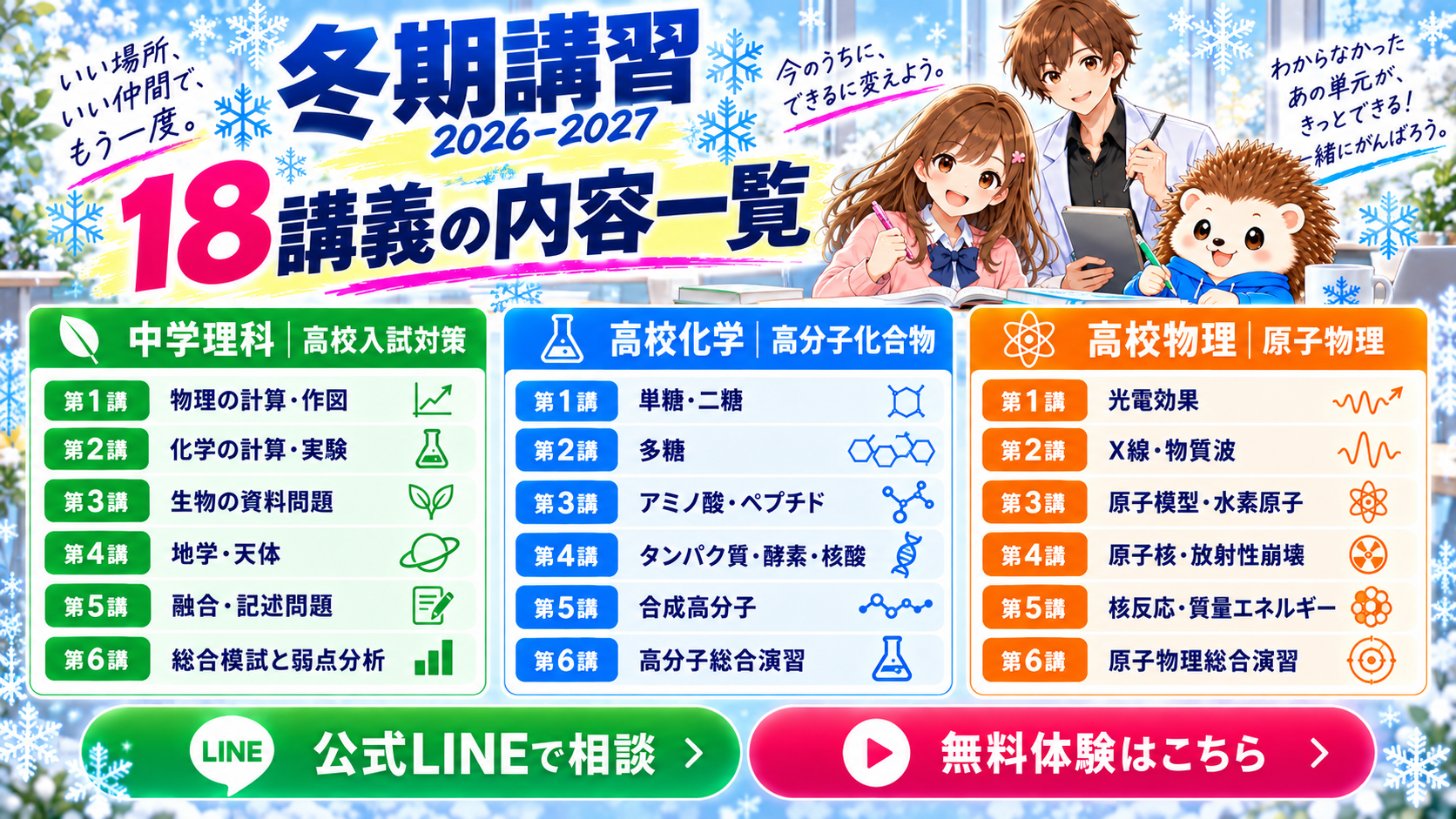 中学理科・高校化学・高校物理の全18講義の内容一覧。