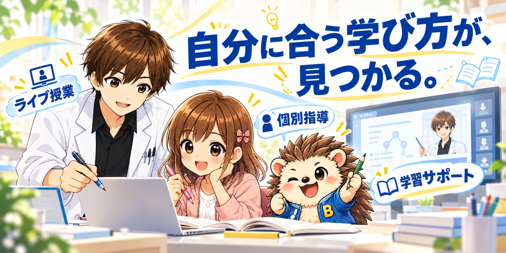 自分に合う学び方が、見つかる。ライブ授業・個別指導・学習サポート。