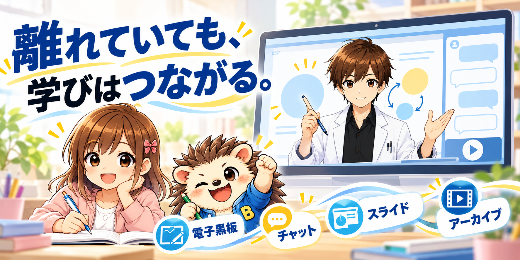 離れていても、学びはつながる。電子黒板・チャット・スライド・アーカイブを使うオンライン学習のイメージ。